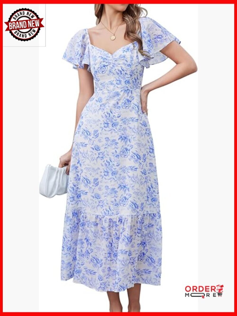 Women's Midi Floral Boho Dress with Ruffle Hem Smocked Back